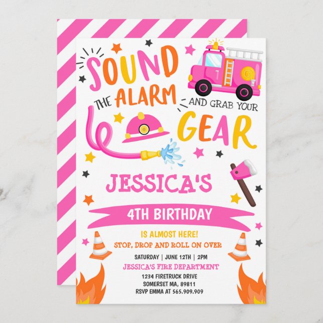 Firetruck Birthday Party Pink Firefighter Invitation (Front/Back)