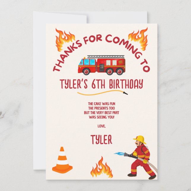 Firetruck Birthday Party Thank You Card (Front)