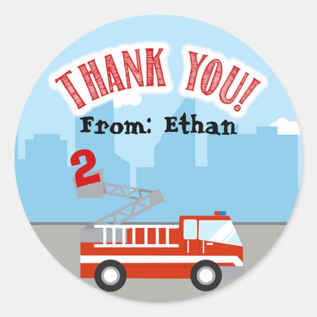 Firetruck Birthday Thank You Sticker Tag Add Name (Front)
