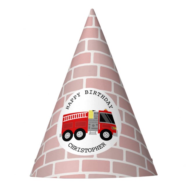Firetruck + Bricks Birthday Party Hat (Front)