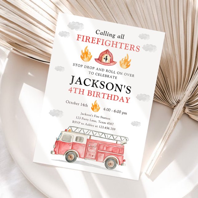 Firetruck Calling All Firefigthers Boy Birthday Invitation (Creator Uploaded)
