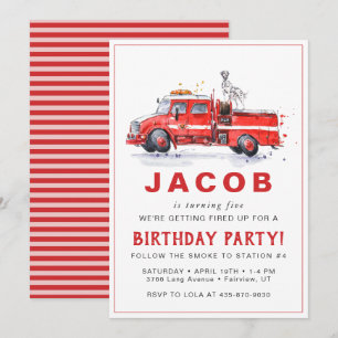 Firetruck & Dalmatian Firefighter Kids Birthday Invitation