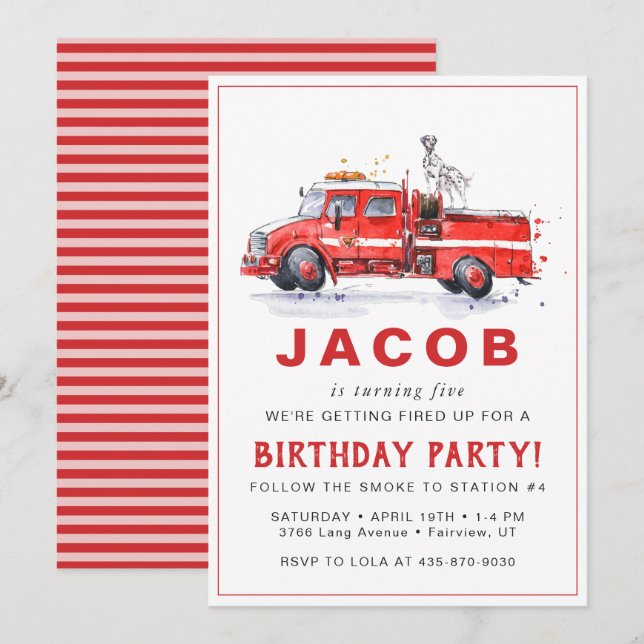 Firetruck & Dalmatian | Firefighter Kids Birthday Invitation (Front/Back)