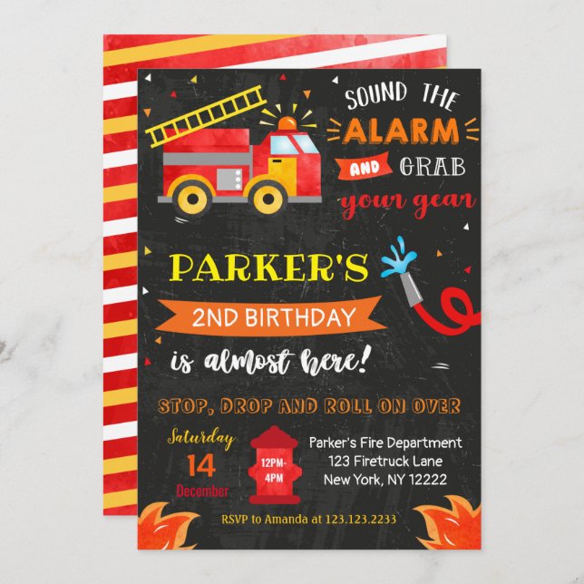 Firetruck Fire Engine Birthday Party invitations (Front/Back)