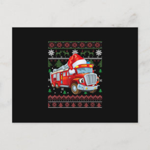 Firetruck Firefighter Christmas Cute Boy Santa Hat Holiday Postcard