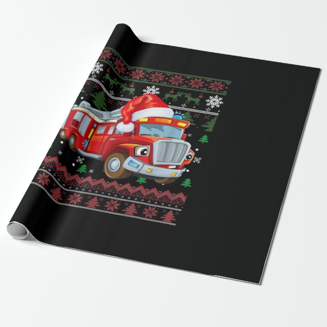 Firetruck Firefighter Christmas Cute Boy Santa Hat Wrapping Paper (Unrolled)