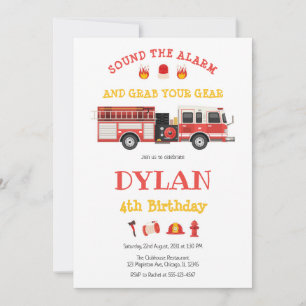 Firetruck Firefighter Kids Birthday Invitation