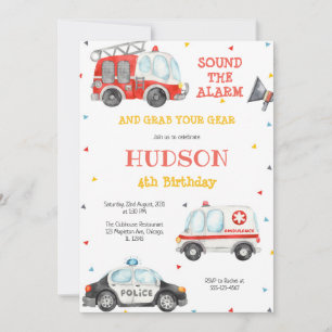 Firetruck Firefighter Kids Birthday Invitation
