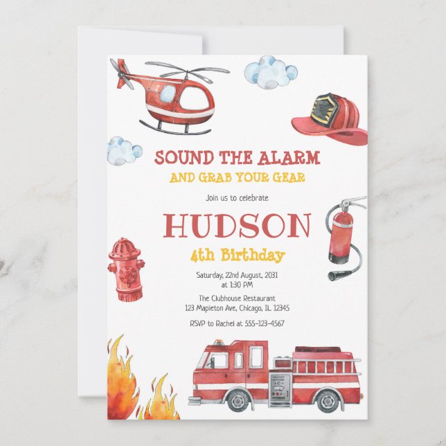 Firetruck Firefighter Kids Birthday Invitation (Front)