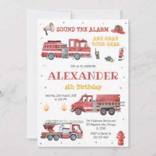 Firetruck Firefighter Kids Birthday Invitation