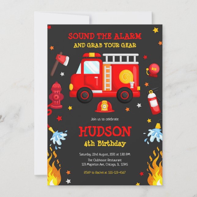 Firetruck Firefighter Kids Birthday Invitation (Front)