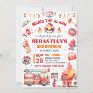Firetruck Firefighter Kids Birthday Invitation