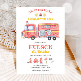 Firetruck Firefighter Kids Birthday Invitation