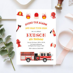 Firetruck Firefighter Kids Birthday Invitation