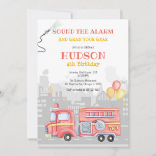 Firetruck Firefighter Kids Birthday Invitation