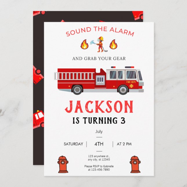 Firetruck Invitation, Fire truck Birthday Invitation (Front/Back)
