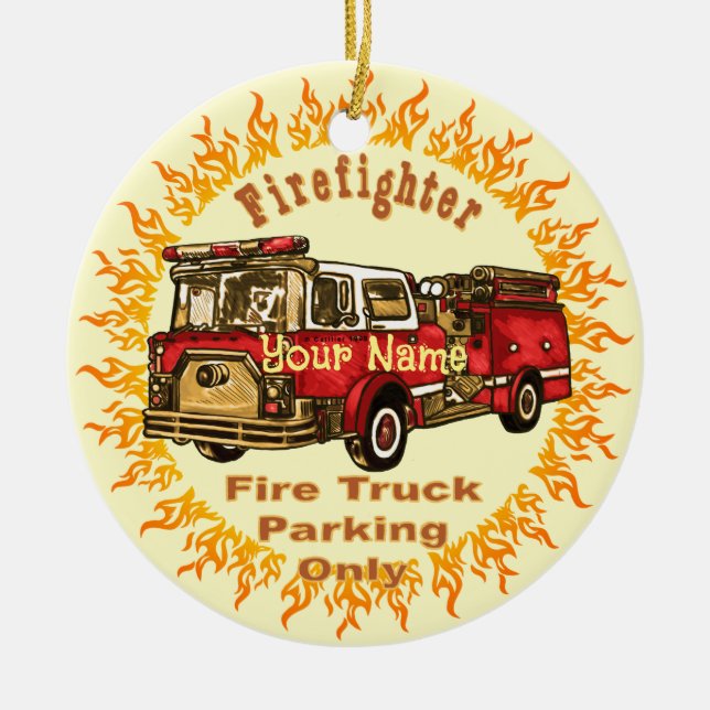 Firetruck Parking firefighters ornament (Front)