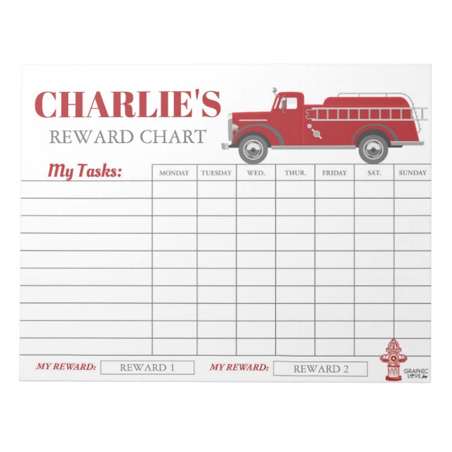 Firetruck Reward Chart Personalised Name & Tasks Notepad (Front)