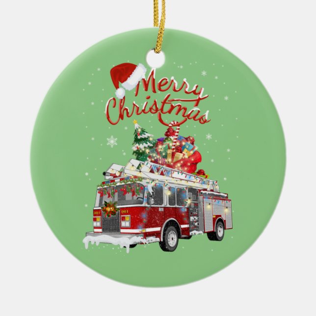 Firetruck Santa Sleigh Fireman Christmas Firefight Ceramic Ornament (Front)
