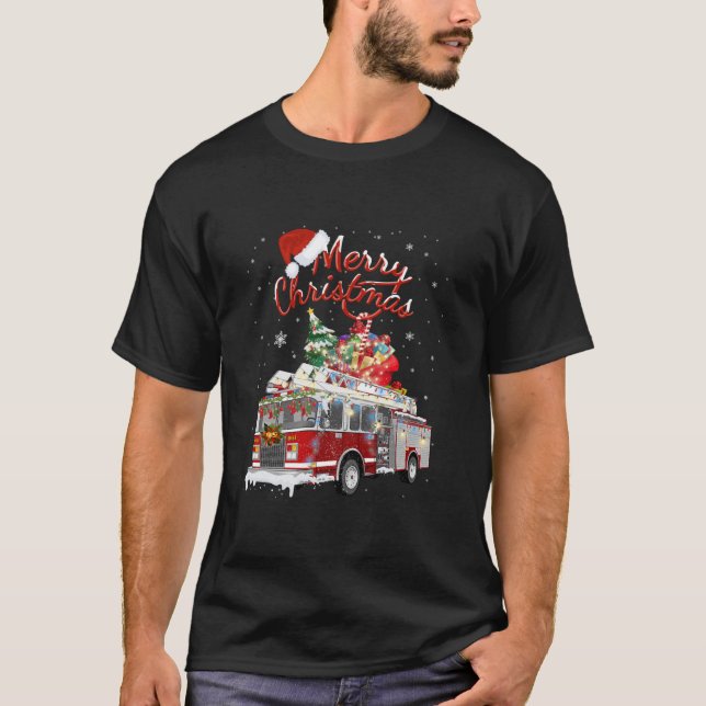 Firetruck Santa Sleigh Fireman Christmas Firefight T-Shirt (Front)