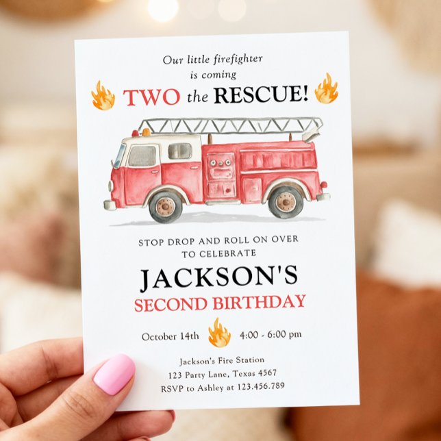 Firetruck Two the Rescue Boy Second Birthday Invitation (Creator Uploaded)