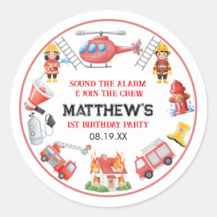 Firetrucks Boy 1st Birthday   Cute Little party Classic Round Sticker