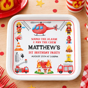 Firetrucks Boy 1st Birthday Cute Little party Paper Plate