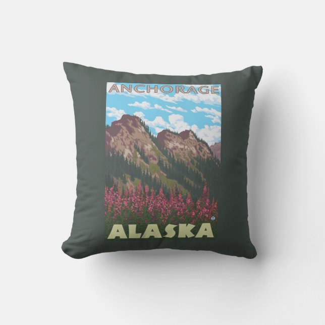 Fireweed & Mountains - Anchorage, Alaska Cushion (Front)