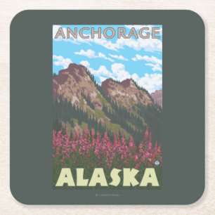 Fireweed & Mountains - Anchorage, Alaska Square Paper Coaster