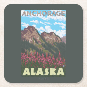 Fireweed & Mountains - Anchorage, Alaska Square Paper Coaster
