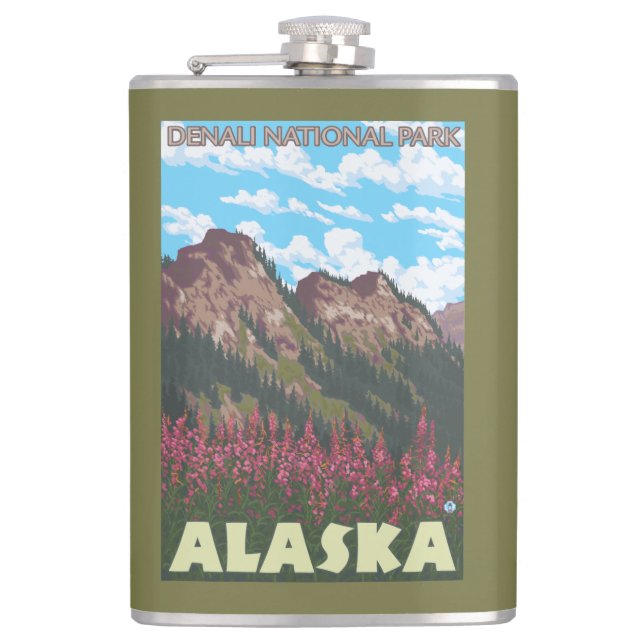 Fireweed & Mountains - Denali Nat'l Park, Hip Flask (Front)