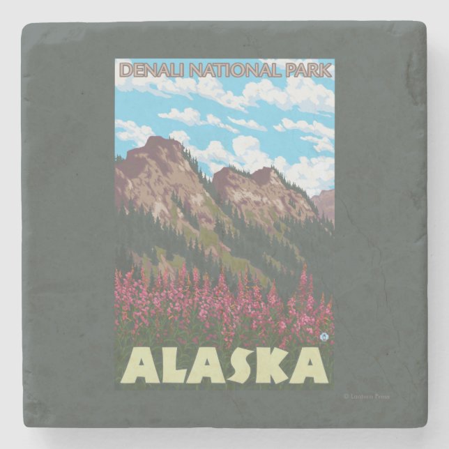 Fireweed & Mountains - Denali Nat'l Park, Stone Coaster (Front)