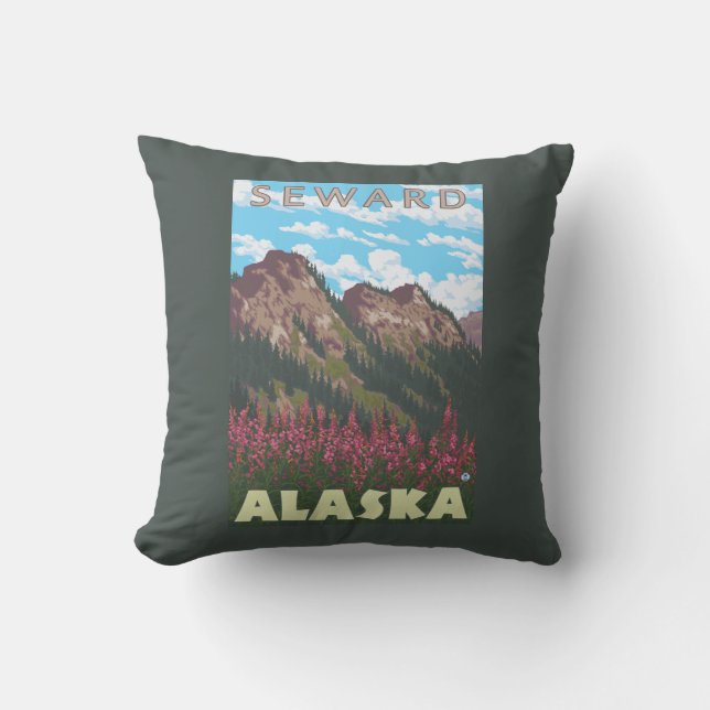 Fireweed & Mountains - Seward, Alaska Cushion (Front)