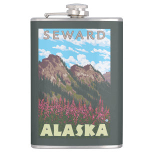 Fireweed & Mountains - Seward, Alaska Hip Flask