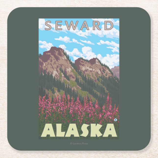 Fireweed & Mountains - Seward, Alaska Square Paper Coaster (Front)