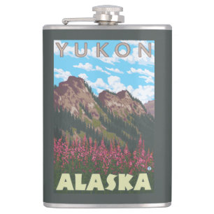 Fireweed & Mountains - Yukon, Alaska Hip Flask