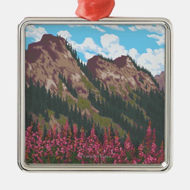 Fireweed & Mountains - Yukon, Alaska Metal Tree Decoration (Front)
