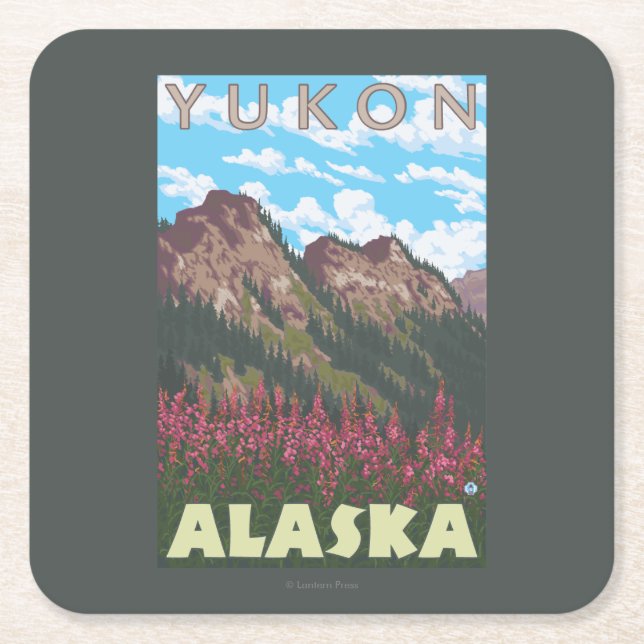 Fireweed & Mountains - Yukon, Alaska Square Paper Coaster (Front)