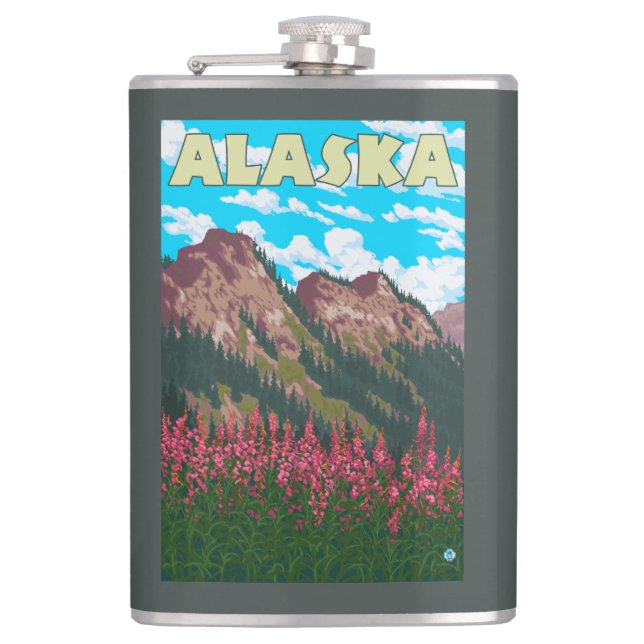 Fireweed with Mountains Vintage Travel Poster Hip Flask (Front)