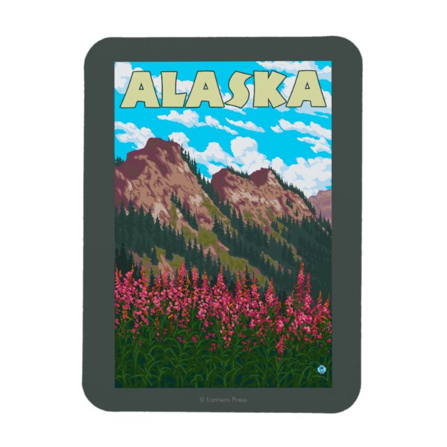 Fireweed with Mountains Vintage Travel Poster Magnet (Vertical)