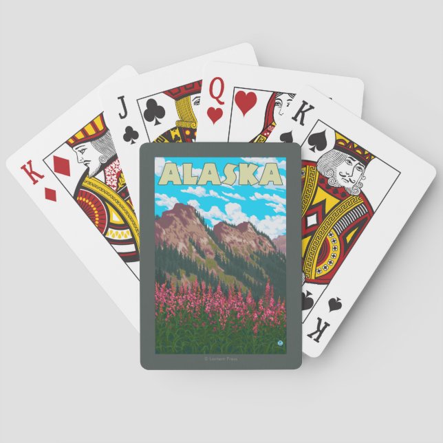 Fireweed with Mountains Vintage Travel Poster Playing Cards (Back)