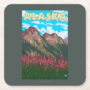 Fireweed with Mountains Vintage Travel Poster Square Paper Coaster