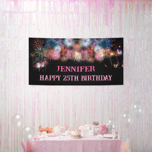 Firework 25th birthday pink and black banner
