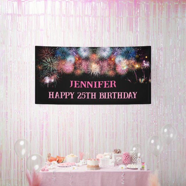 Firework 25th birthday pink and black banner (Party)
