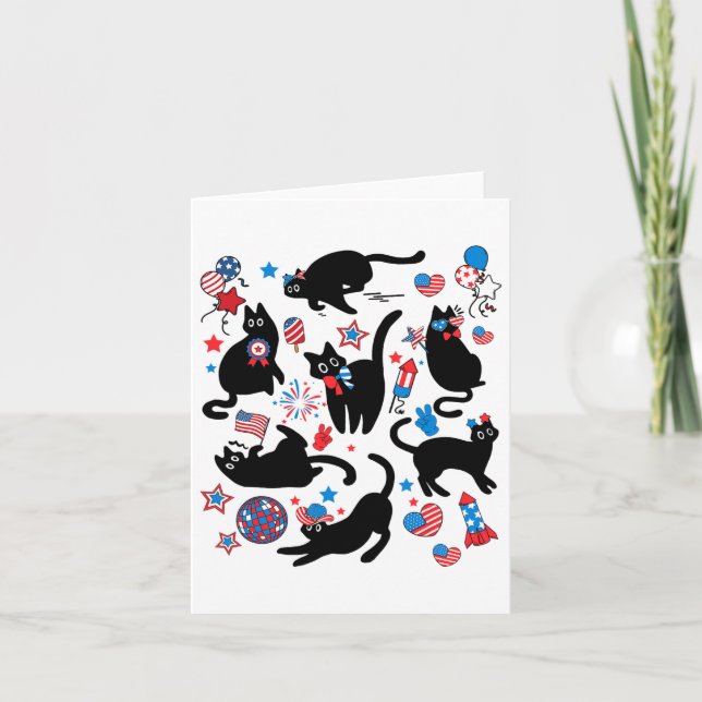 Firework 4th Of July Black Cat Usa Flag Cute Cat K Card (Front)