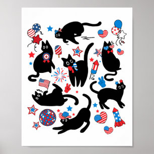 Firework 4th Of July Black Cat Usa Flag Cute Cat K Poster