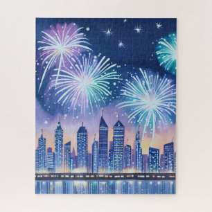 Firework Cityscape Blue Lofi Digital Watercolor Jigsaw Puzzle