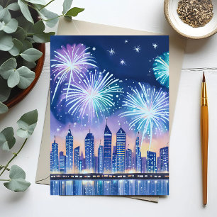 Firework Cityscape   Blue Lofi Digital Watercolor Postcard