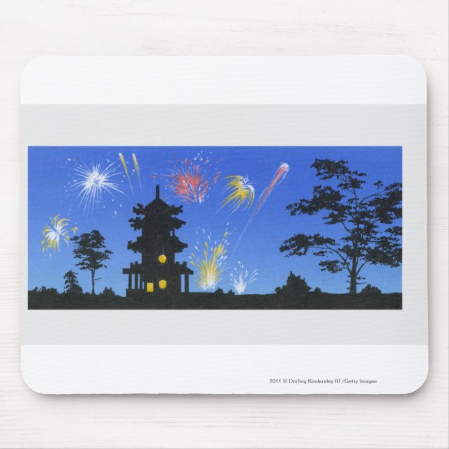 Firework display and silhouette of pagoda mouse pad (Front)