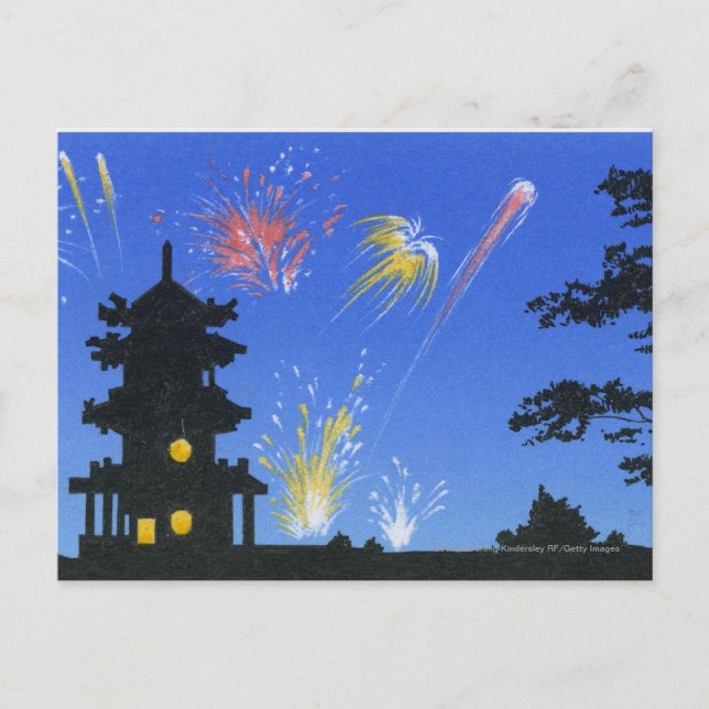 Firework display and silhouette of pagoda postcard (Front)